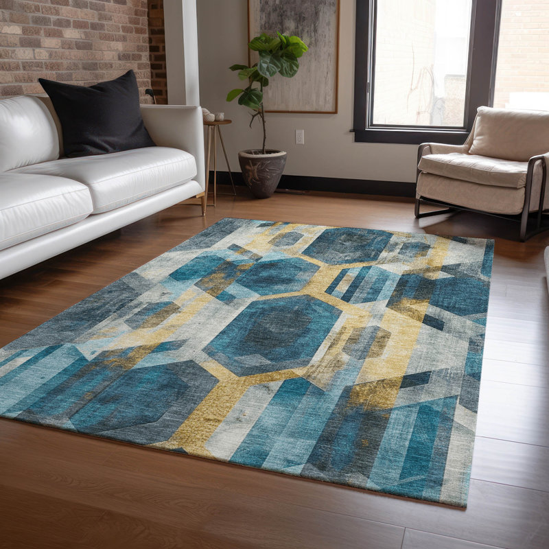 Machine Washable Indoor/Outdoor Cinead ACN1722 Teal Rug, Rectangle 10' x 14'