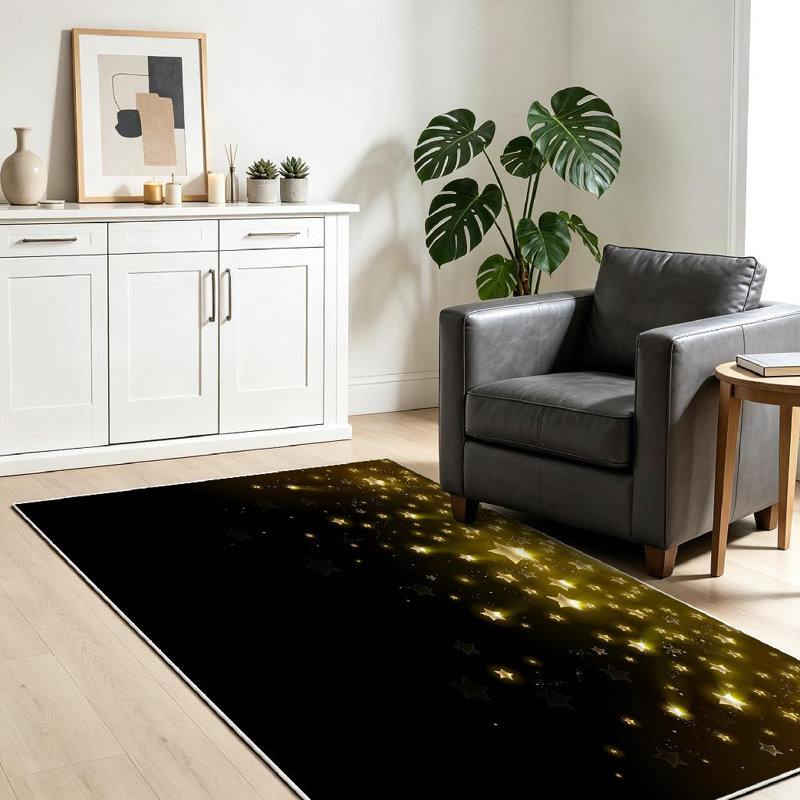 Tapis noir lavable à la machine étoiles étoiles du ciel et étoiles noires, Rectangle 39" x 63"