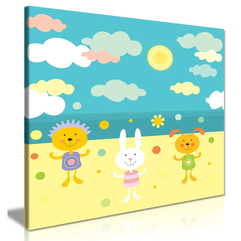 Cute Animals On Beach - Wrapped Canvas Print, 51cm H x 51cm W
