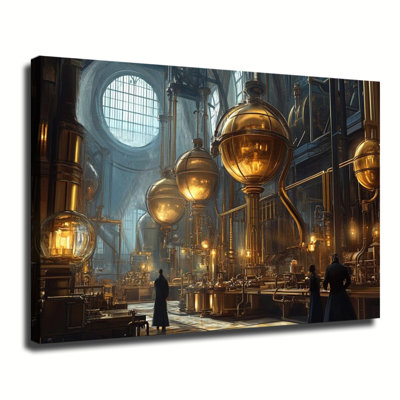 Steampunk Victorian Industrial Laboratory Fantasy Scene Oil Painting, Large Gallery Wrapped Canvas Wall Art Print For Living Room Bedroom