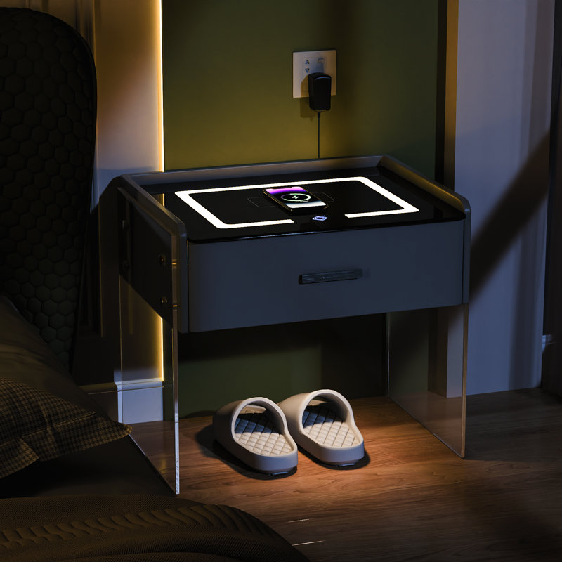 Cyani 1 - Drawer Nightstand with Wireless Charging, LED Lights, Bluetooth Player & Sensor Light, Dark Grey