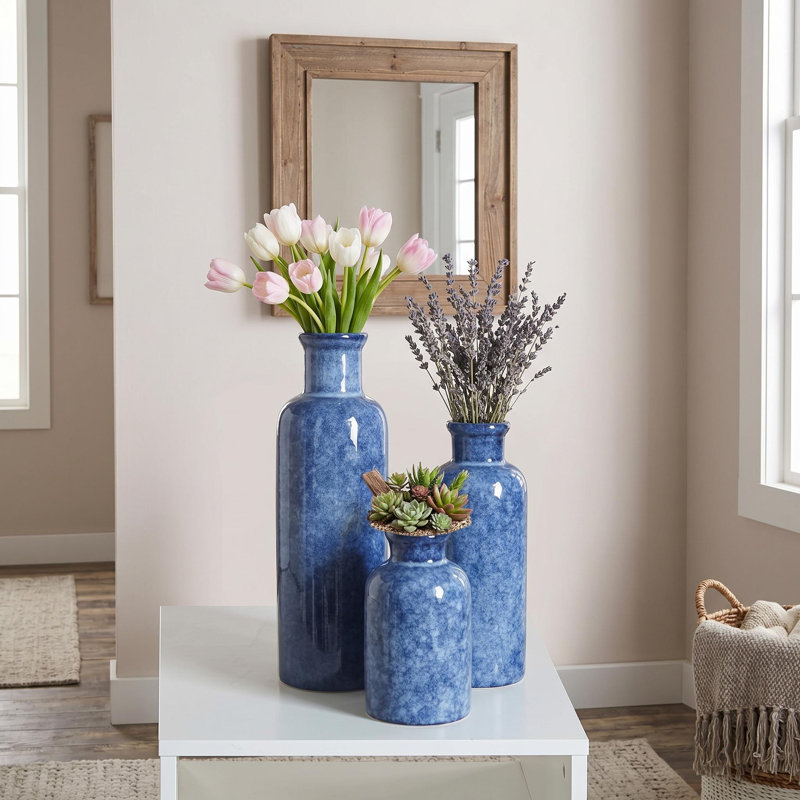 Ensemble de 3 vases en céramique glacis craquelé rétro, vases rustiques de style champêtre chinois, centres de table décoratifs, bleu