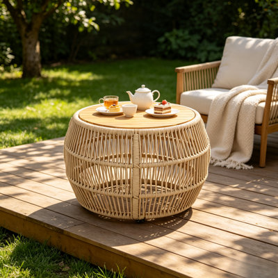 Table d'appoint ronde en bois d'acacia avec structure en corde beige clair, plateau en teck, capacité de 150 lb, aucun assemblage requis, table d'appoint résistante aux intempéries pour le salon de patio