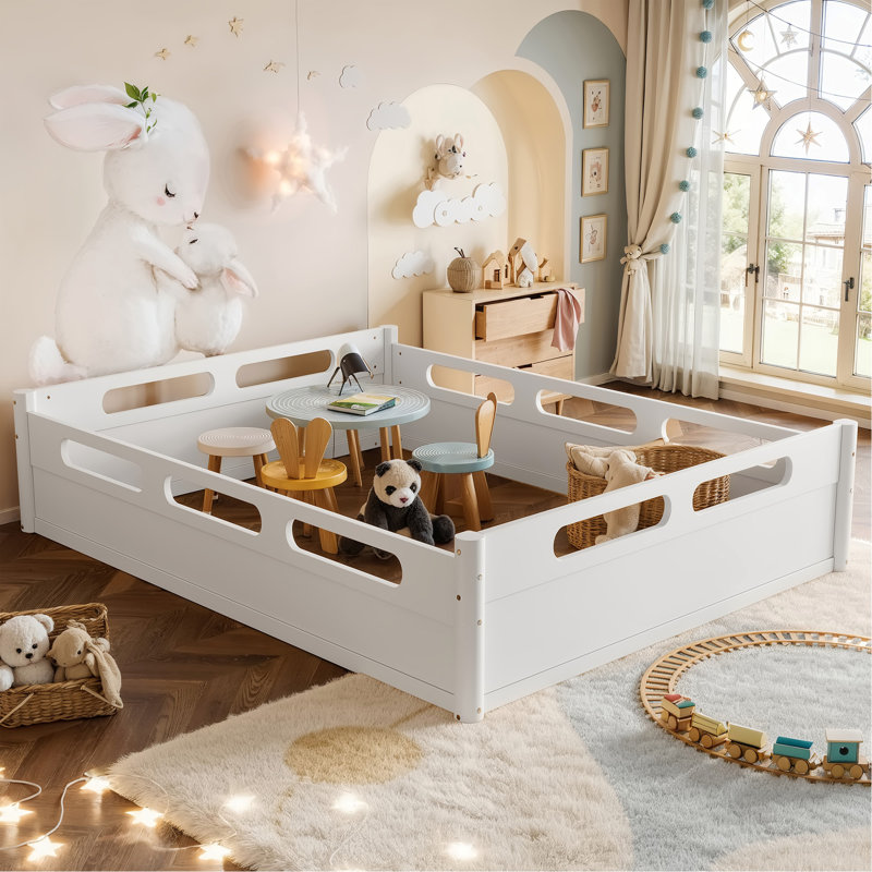 Lit plateforme grand format avec garde-corps pleine longueur, base de lit grand profil bas, aucun sommier tapissier requis, blanc