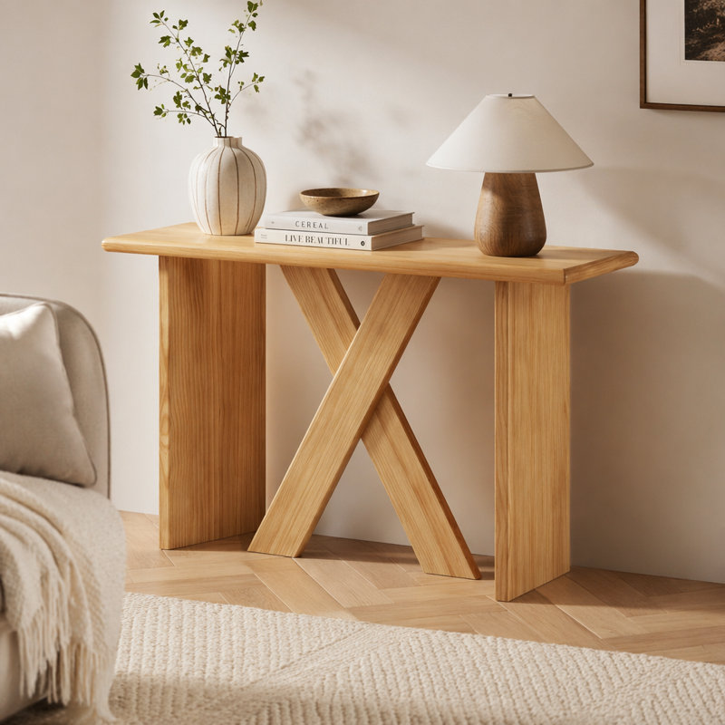 [Vidéo] Console minimaliste moderne en X de 60,25 po, pieds en forme de X en angle, rebords de table arrondis, placage de bois, grain de bois naturel, table de canapé d'entrée pour le couloir du salon