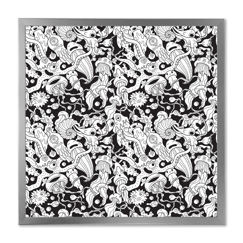 «Deep Sea Monsters» en noir et blanc - reproduction d'art sur toile à motifs, H 16 po x l 16 po, Cadre photo argenté