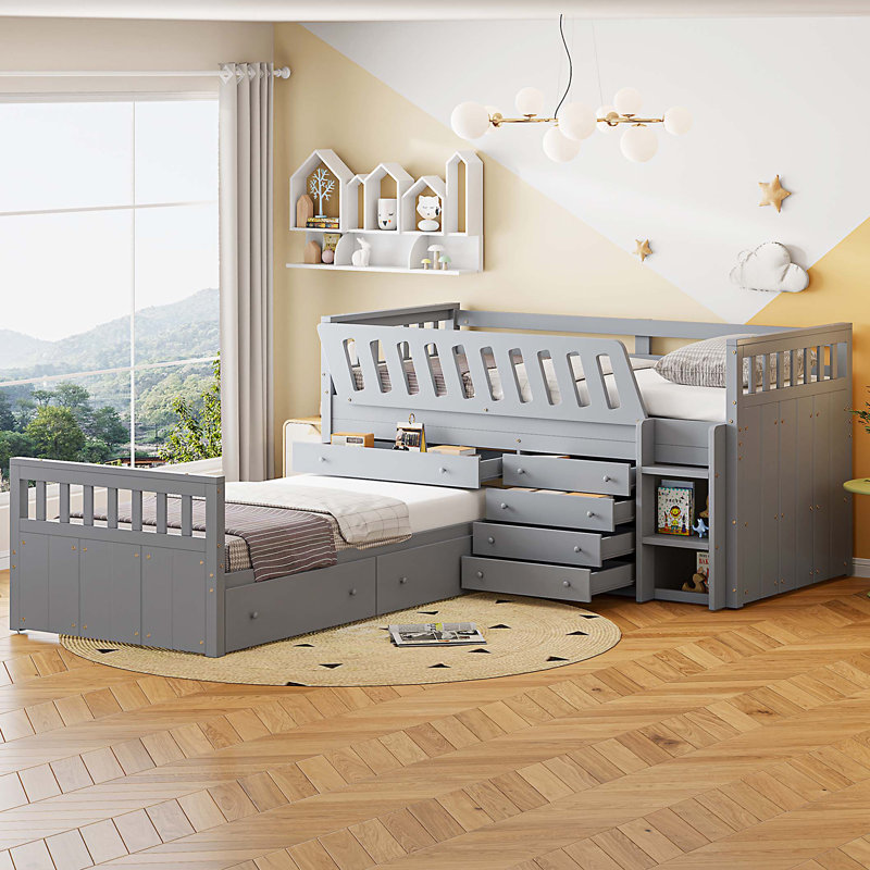 Lit mezzanine simple en L et lit plateforme simple avec 7 tiroirs et garde-corps complets en forme de L, Gris