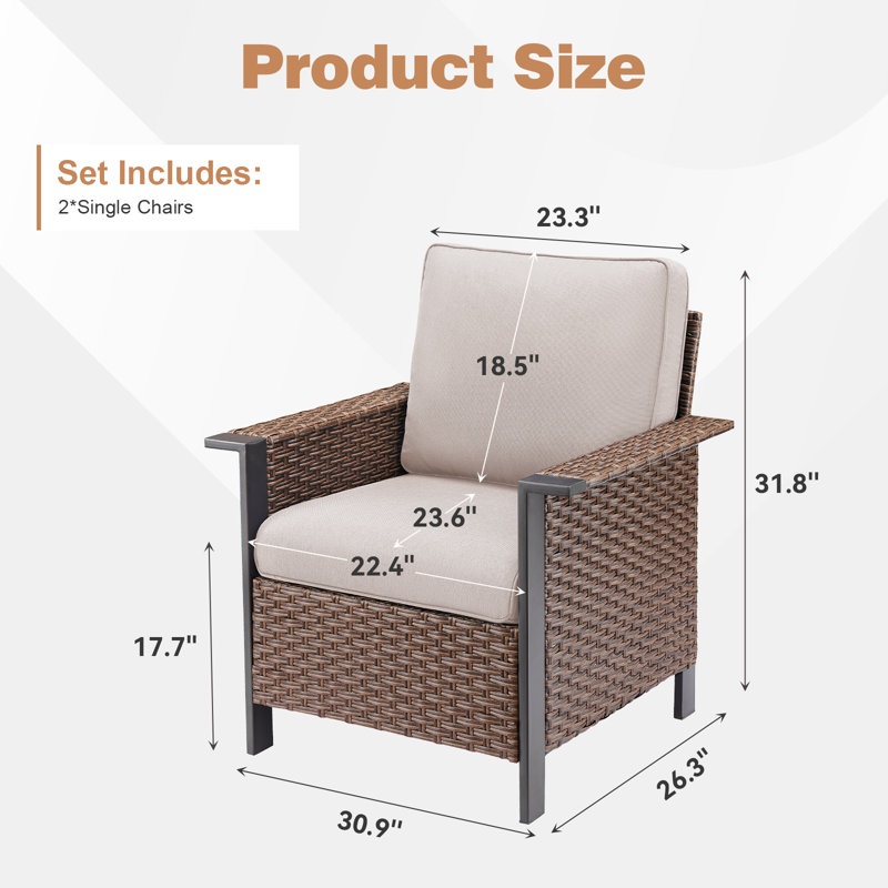 Coady All-Weather Wicker Outdoor Wide Armrest Lounge Chairs With Cushions (Set Of 2), Beige Cushion/Brown Frame