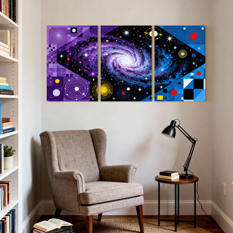 Ensemble de 3 tableaux abstraits sur toile tendue représentant un cosmos et une galaxie en spirale, H 18 po x l 36 po