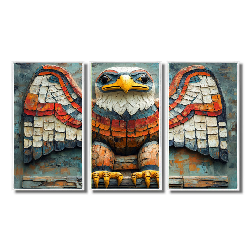 «Orange Eagles Nest Totem - Native American Art Totem», ensemble de décorations murales, Toile argentée avec cadre flottant
