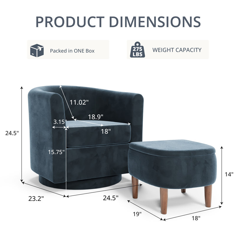 Upholstered Swivel Barrel Chair with Storage Ottoman, 24.5″ Wide Small Accent Chair, 360° Rotation, Blue