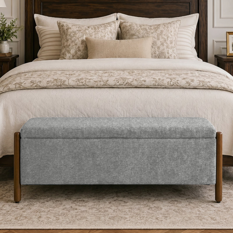  Banc de rangement rembourré 48 po avec pieds en bois massif 48 po, Gris