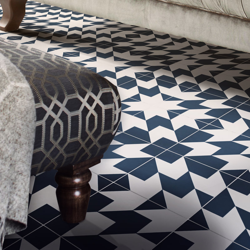 Oujda 8" x 8" Cement Patterned Wall & Floor Tile, Blue/White