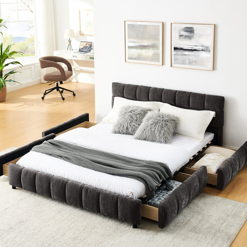 Lit Queen capitonné gris foncé avec rangement et tête de lit confortable - Style moderne - Tiroirs - Tissu doux