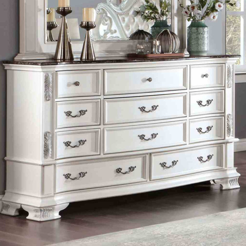 Commode large Prio, 11 tiroirs, plateau en marbre, bois sculpté, Blanc perle