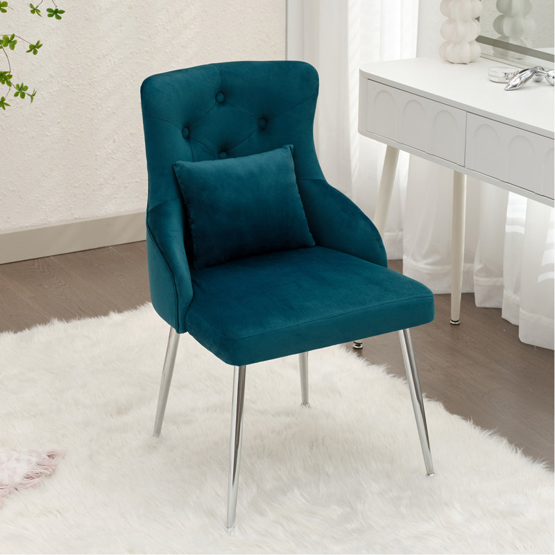 Dorsi Velvet Upholstered Button Tufted Modern Dining Chair, Teal, Silver