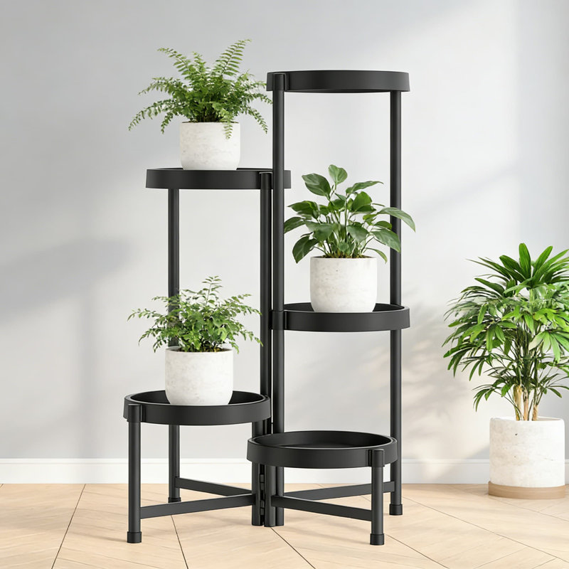 Support pour plante pliante à 5 niveaux avec plateaux imperméables, tablette d'angle en métal robuste pour une utilisation intérieure / extérieure dans le salon, le patio, le balcon et le jardin