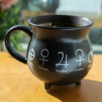 Ebros Wicca système solaire astrologique symboles d'alchimie réduction bol en forme de chaudron en porcelaine cuite ou grande tasse 32 oz avec poignée café chaud cacao thé tasses à soupe bols occultant sorcellerie