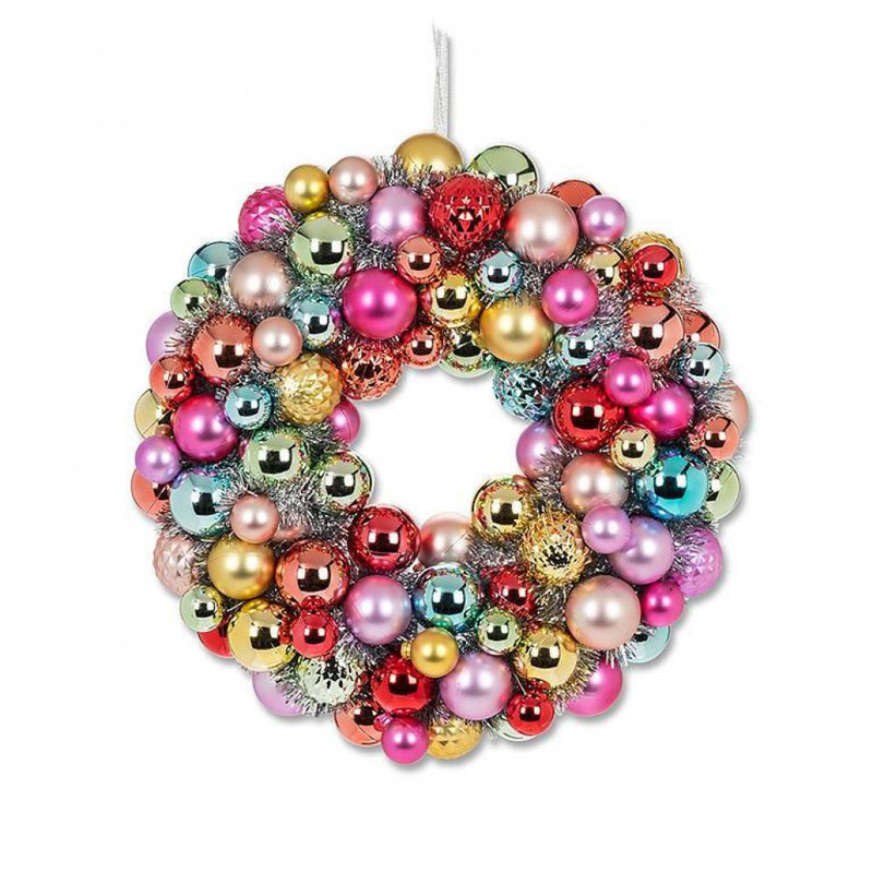 Couronne de boules dorées et argentées, Rouge/jaune/rose, H 12 po x l 12 po x P 3 po