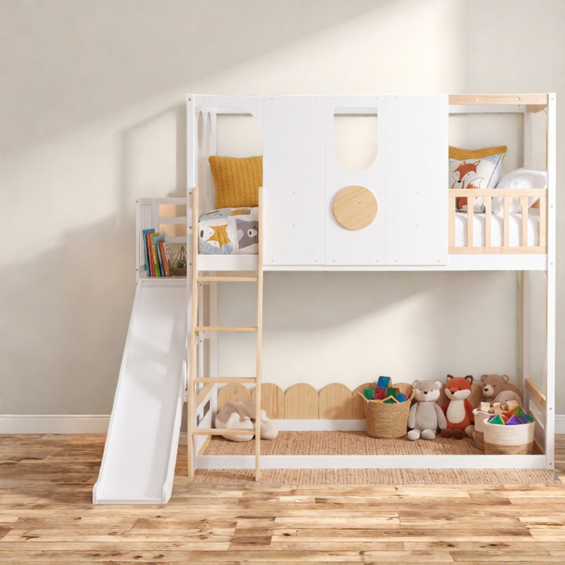Lit mezzanine pour enfant avec glissade, cadre en bois MDF, lit moderne gain d'espace, Blanc 1