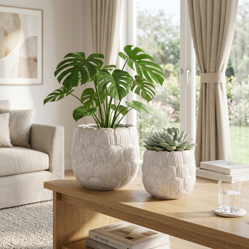 Ensemble de pots à fleurs texturés en céramique pour l'extérieur, Blanc