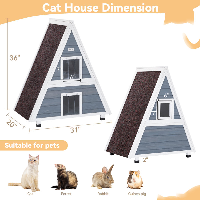 Weatherproof Outdoor Cat House ，Two Level Outside Feral Cat House with Escape Door for Small Animal，31" Lx20 W x36 H，Grey