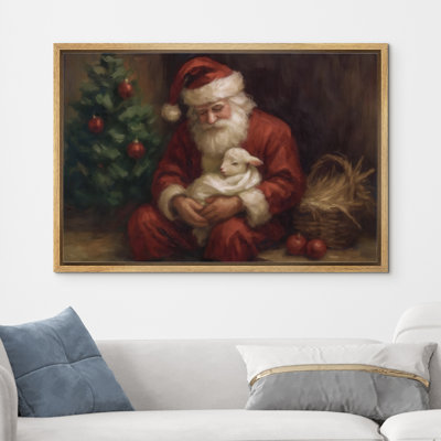 Père Noël tenant un agneau de Noël, décoration murale de chambre à coucher panier de foin, reproduction d'art sur toile encadrée