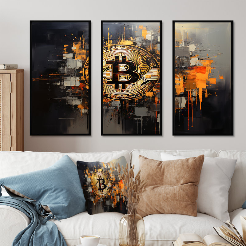 Or et gris - Crypto monnaie - art mural mode, Cadre flottant noir, H 28 po x l 36 po x P 1 po