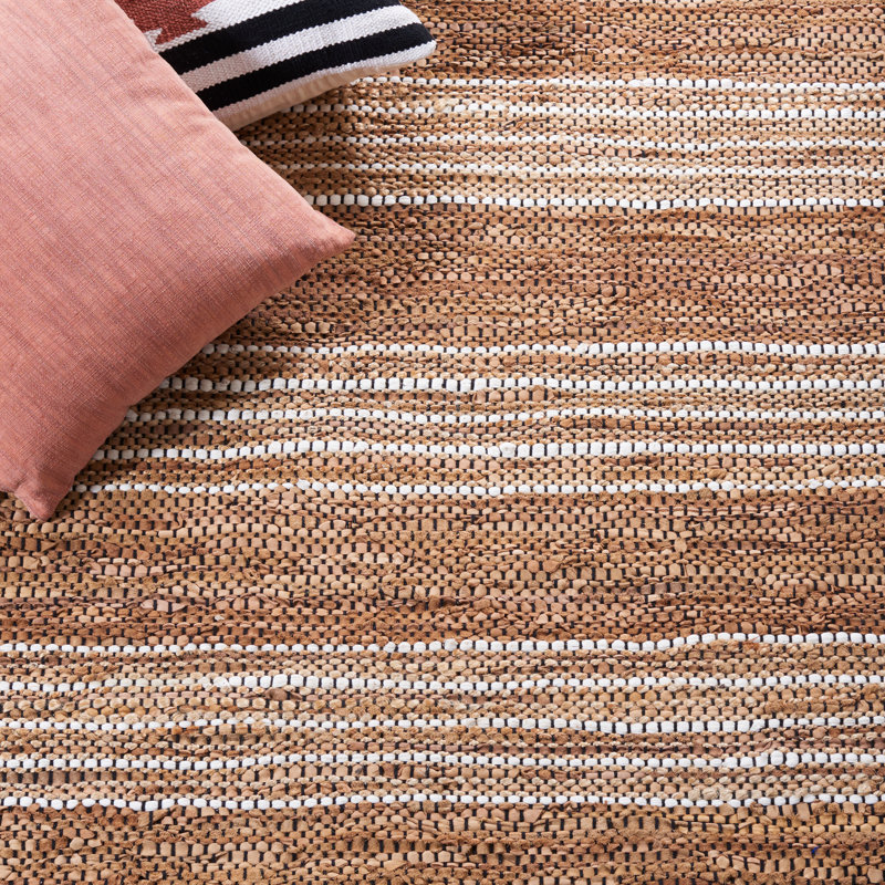 Preston Striped Hand-Woven Cotton/Leather/Jute Brown/Beige Area Rug, Rectangle 8' x 10'