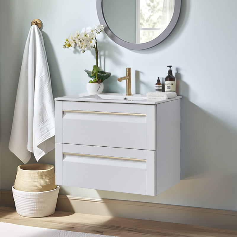 Meuble-lavabo mural simple flottant 30 po avec comptoir en céramique