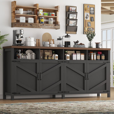 Buffet 63 "avec 4 portes et rangement ouvert, grande armoire de cuisine de ferme, armoire à café avec tablettes réglables pour la salle à manger, vestibule, buffet, noir et noyer