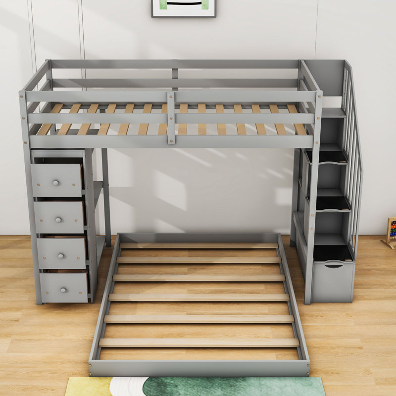Lit superposé simple au dessus d'un lit double avec tiroirs Nyora Kids, gris