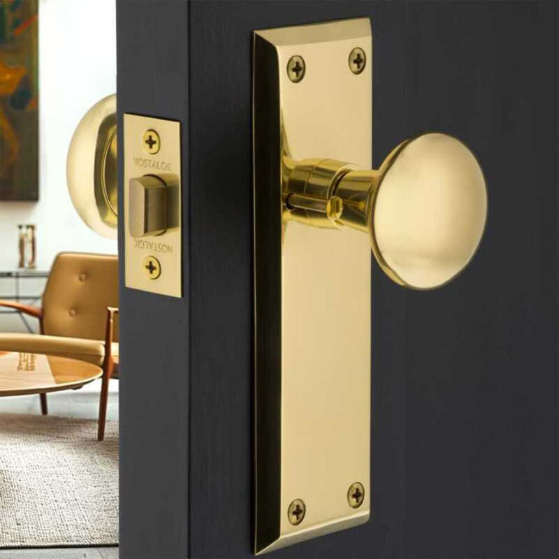 New York Plate with New York Door Knob, Unlacquered Brass, 2-3/8"