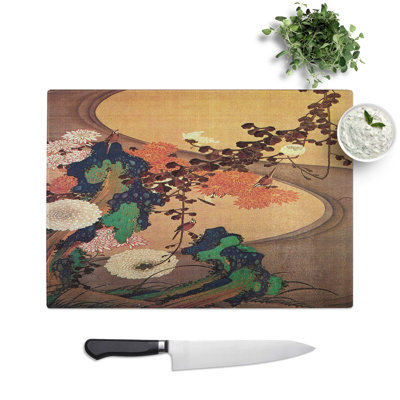 Tempered Glass Chrysanthemums and Birds Chopping Board