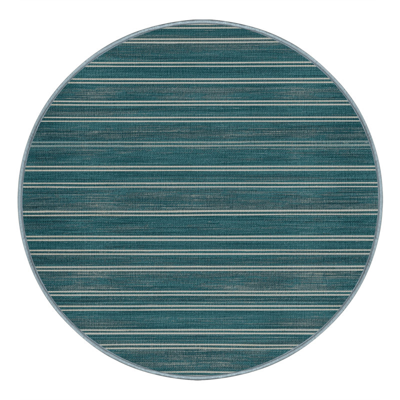 Washable Teal Light Gray Striped Area Rug, Round 8'