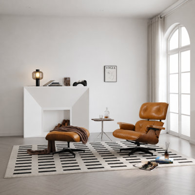 Méridienne et repose-pieds Mid-Century en cuir ciré à l'huile avec coque en bois de noyer