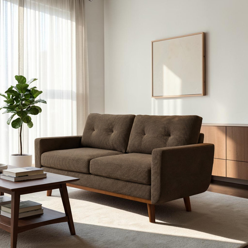 65" Nubby Upholstery Fabric Square Arm Loveseat, Brown Polyester