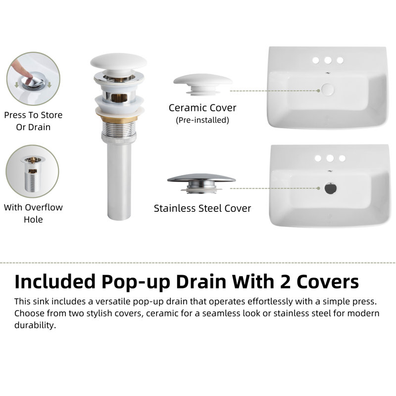 Los Flexi Rectangular Ceramic Wall Mount Sink with Overflow and Centerset Faucet Holes, White,  4" Centers (3 Holes)