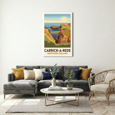 Carrick-a-Rede, Northern Ireland - Romantic Rope-Bridge Travel Poster of the Causeway Coast. Giclee Print on Wrapped Canvas. Wall Art, Home Decor - Coastal & Maritime, Northern Ireland 1 Piece Wrapped Canvas Wall Art