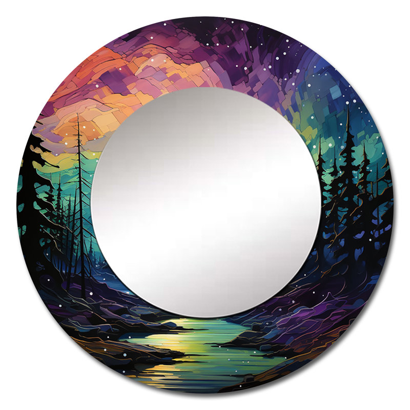 Aurora Borealis Aurora Symphony VII - miroir mural décoratif Aurora Borealis, grand miroir rond jaune, impression d'art en métal