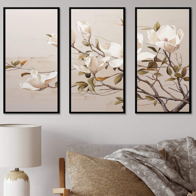 Ensemble d'art sur toile Magnolias II - Magnolias, Cadre flottant noir, H 32 po x l 48 po x P 1 po