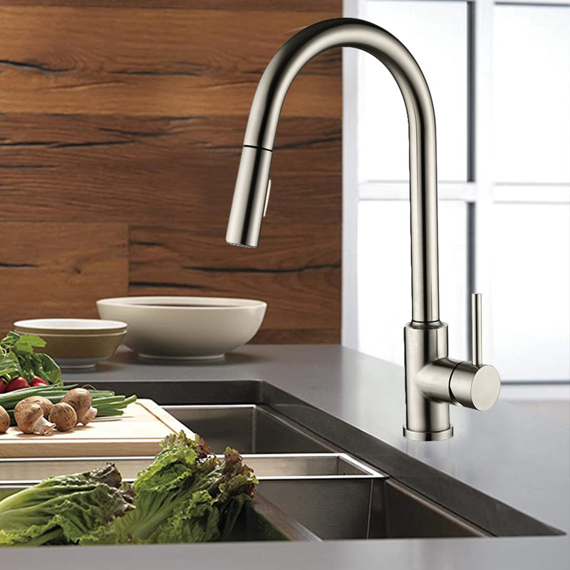 Robinet de cuisine rétractable à poignée simple avec accessoires, Nickel brossé