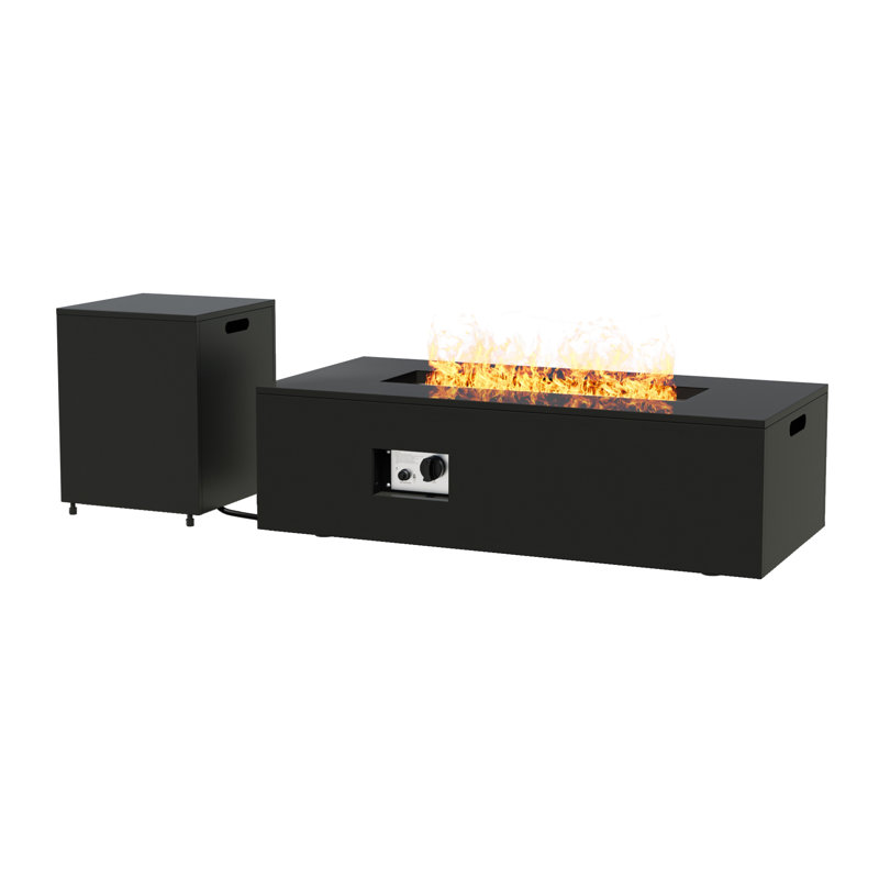 Ensemble de table rectangulaire pour foyer d'extérieur au propane de 50000 BTU avec table d'appoint, verre bleu et couvercle