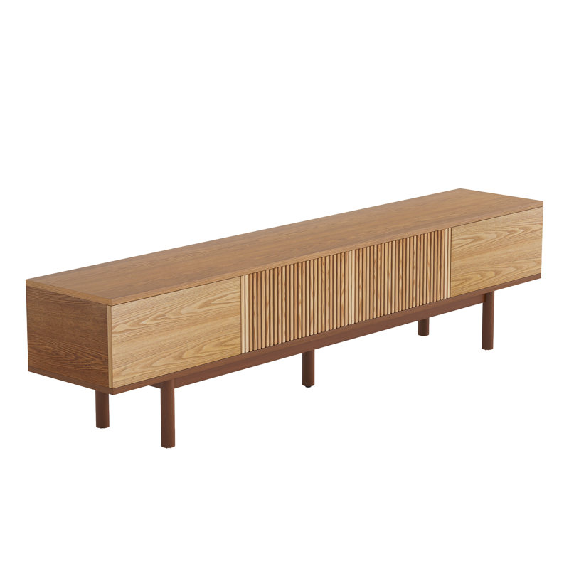 Meuble télé 86,6 po en bois massif, console média avec espace de rangement, couleur naturelle
