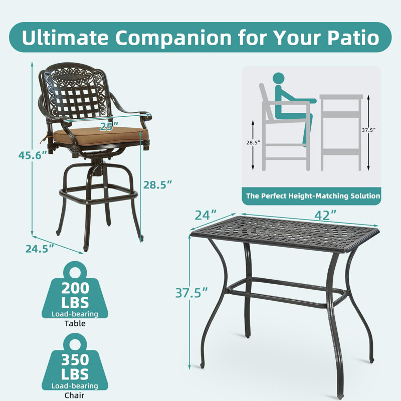  3-Piece Patio Swivel Bar Set, All-Weather Cast Aluminum Outdoor Bar Height Bistro Set With 2 Cushioned Bar Stools With Footrest And 42" Rectangle High Top Bar Table For Deck, Poolside, Garden
