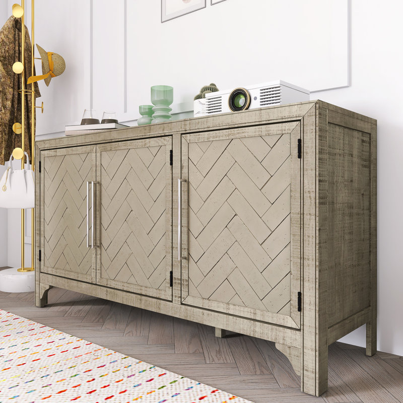 Buffet de rangement conçu avec panneau de fibres à densité moyenne et placage de pin, tablettes réglables, Gris