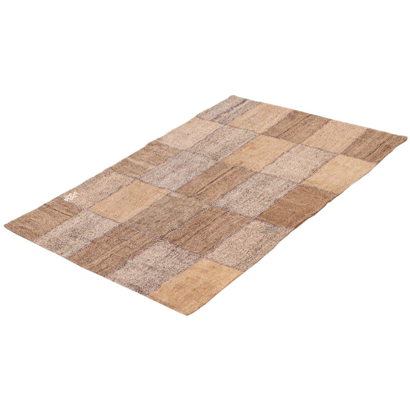 Tapis brun / gris en laine noué à la main de conception unique 4 pi 10 po x 7 pi 6 po Martiya