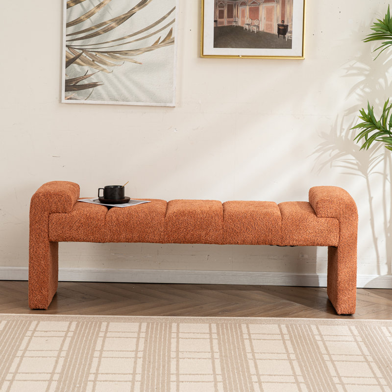 Laytona 60" Boucle Upholstered Channel Tufted Bench with Arm, Orange