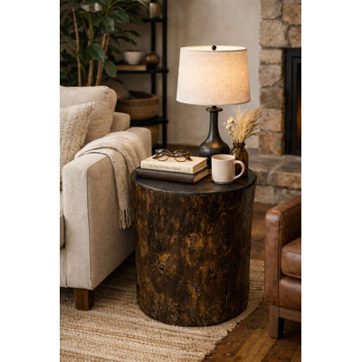 Souche de pin Heritage, support pour plante / table d'appoint / tabouret, 9 po x 14 po, teinture jacobine et laque naturelle transparente