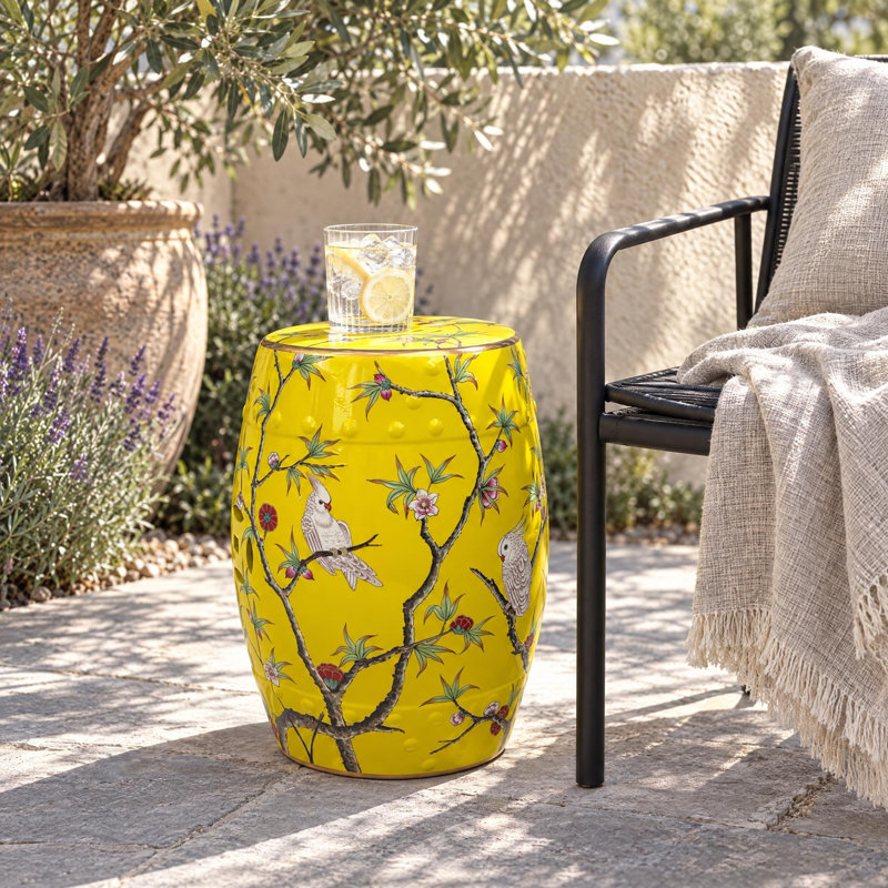 Tabouret en céramique fleur et oiseau